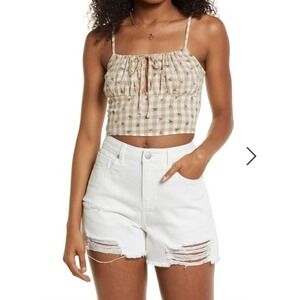 NWT BP. Tie Detail Crop Camisole In Ivory- Beige Picnic Check xl